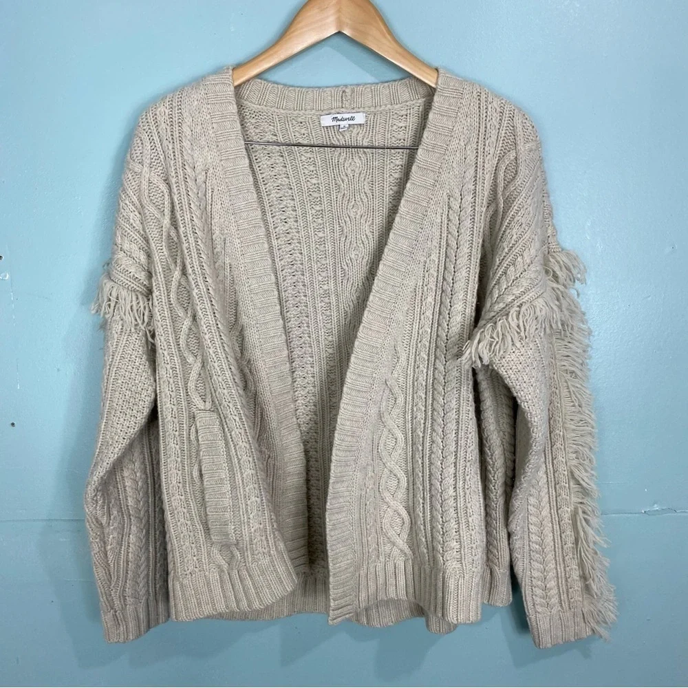 Madewell Cableknit‎ Fringe Open Front Cardigan Wool Creme Sz M